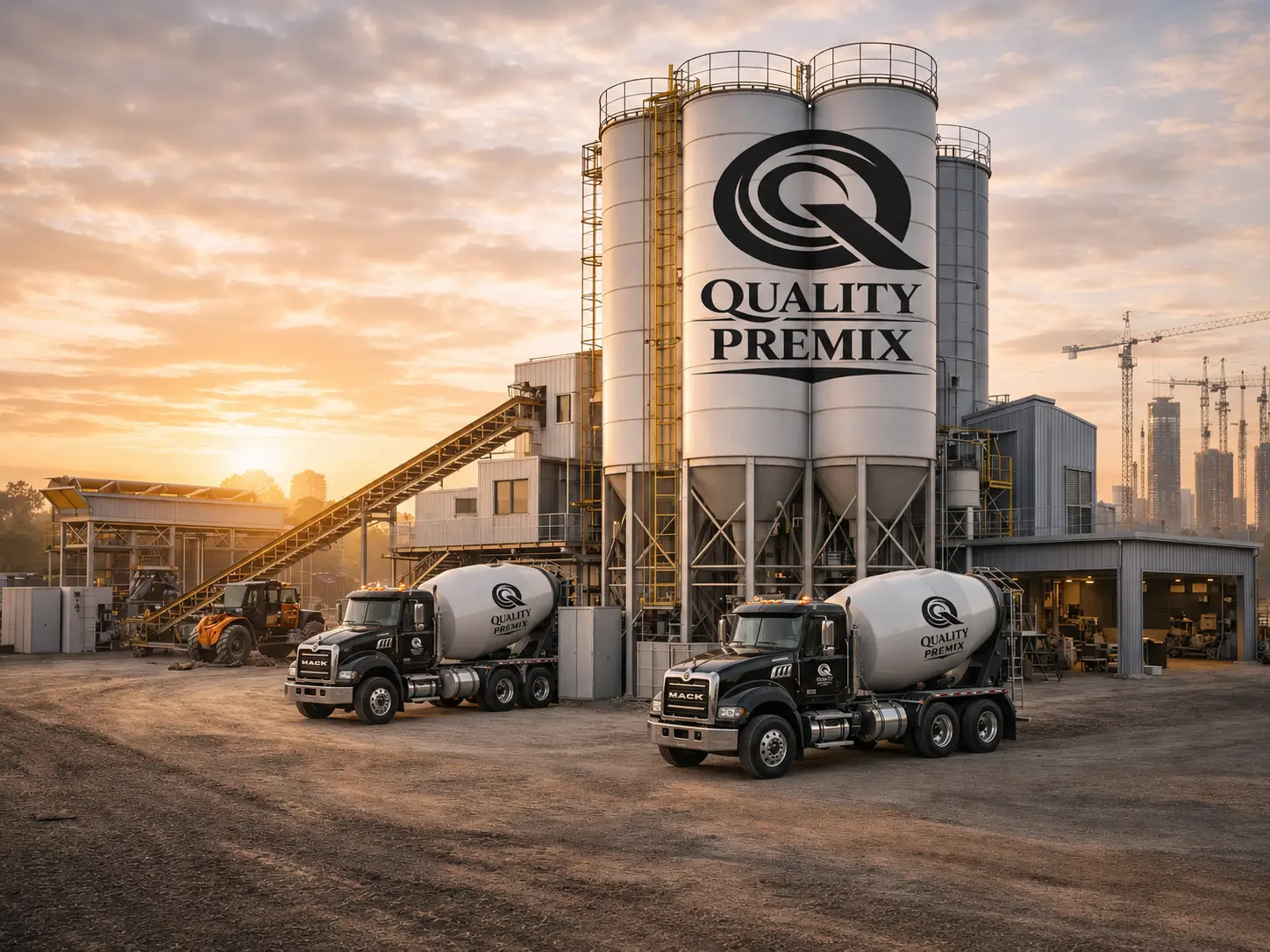 Quality Premix batching plant with branded silos and mixer trucks