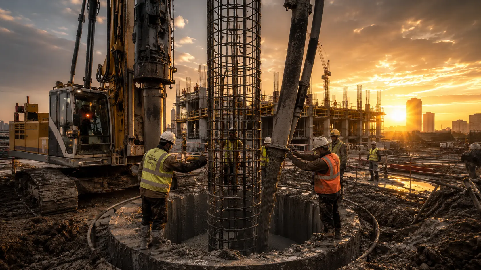 Piling concrete being placed into a bored foundation pile on a Melbourne site